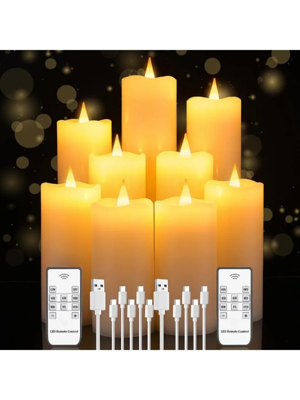 Rechargeable LED Flameless Candles with Remote & Timer - 9 Pack White Pillar